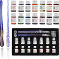 AXEARTE Glass Dip Calligraphy Pen Set, 18-Pieces 14 Color Inks, Pen Holder, Cleaning Cup, 2 Crystal Glass Pens for Art, Writing, Drawing, Signatures, Gift for Kids and Artist