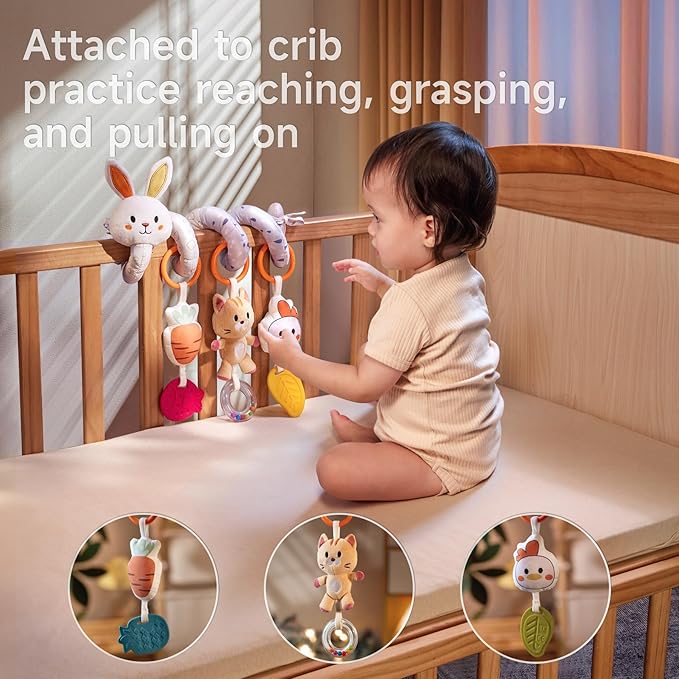 TUMAMA Spiral Car Seat Toys Baby Toys for 0 3 6 9 12 Months, Infant Stroller Toy Newborn Hanging Toys with Rattle, Teether