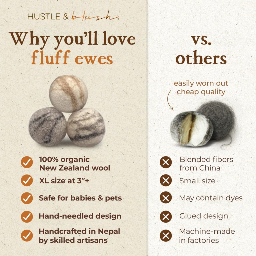 Fluff Ewes Wool Dryer Balls 3 Pack Premium New Zealand Wool Laundry Balls for Dryer, No Static Dryer Balls Laundry Reusable Cute, XL Wool Dryer Balls Cute, Baby Dryer Balls for Dryers - Marble