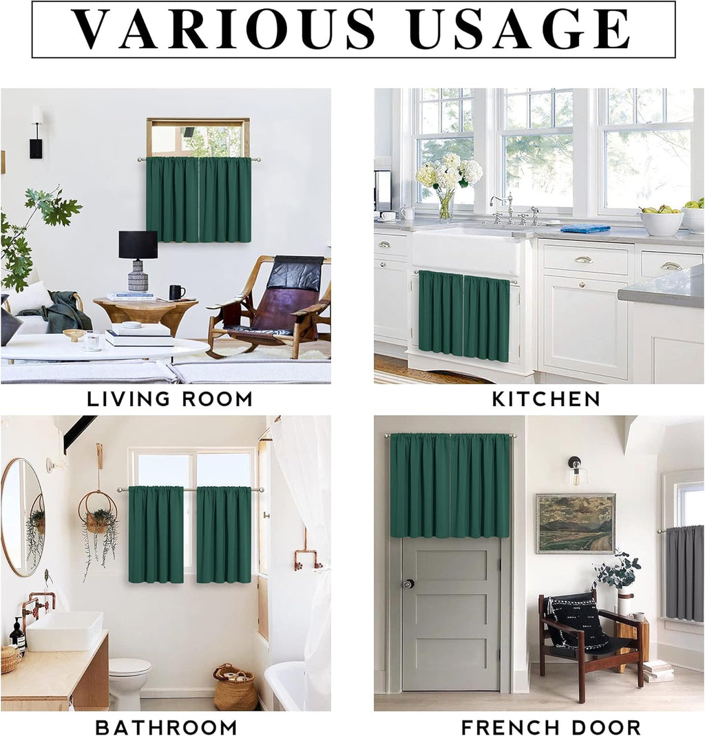 RYB HOME Blackout Curtains for Bathroom - Solid Light Block Blinds Privacy Light Block Drapes for Kitchen Cabinet Kids Nursery Bedroom Laundry Cafe Window Decor, W 42 x L 36, Hunter Green, 1 Pair