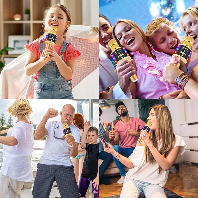BONAOK Karaoke Microphone for Kids & Adults - Bluetooth Microphones Singing Mic with Disco Lights, Echo Effect, Built-in Speaker Portable Karaoke Player for Party Travel Gifts Q78(Gold)