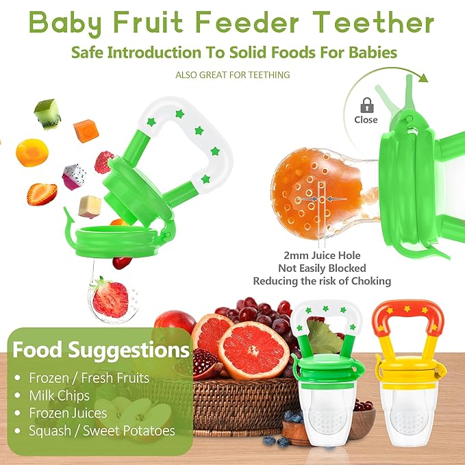 WAJIAYON Baby Fruit Feeder Pacifier - 5 Pack | 2 Infant Food Feeder Pacifier & 1 Baby Food Dispensing Spoon | Fresh Fruit Teethers for Babies | Shower Gifts for Boys and Girls (Green&Yellow)