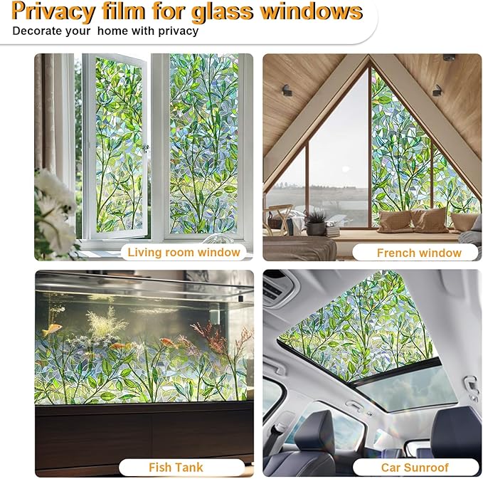 Window Privacy Film Stain Glass Window Film Rainbow Window Film Window clings Non-Adhesive Reusable Decorative for Room (Leaf Rainbow, 17.5 x 157.4 in)