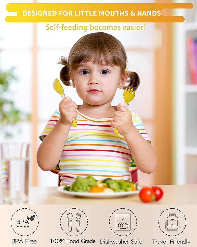 Deejoy Toddler Utensils with Travel Safe Case, Silicone Baby Spoons and Fork Set for Self Feeding, Toddlers Feeding Training Spoon, Easy Grip Heat-Resistant, Bendable Function (2 Sets, Yellow+Blue)