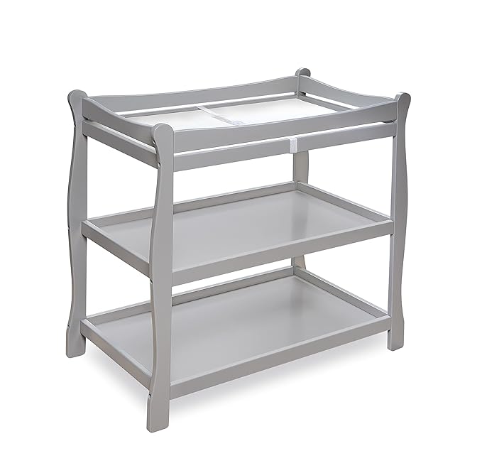 Badger Basket Sleigh Style Baby Changing Table - Nursery Diaper Station with Safety Rails, Foam Pad, and Two Storage Shelves - Nursery Organizer - Gray