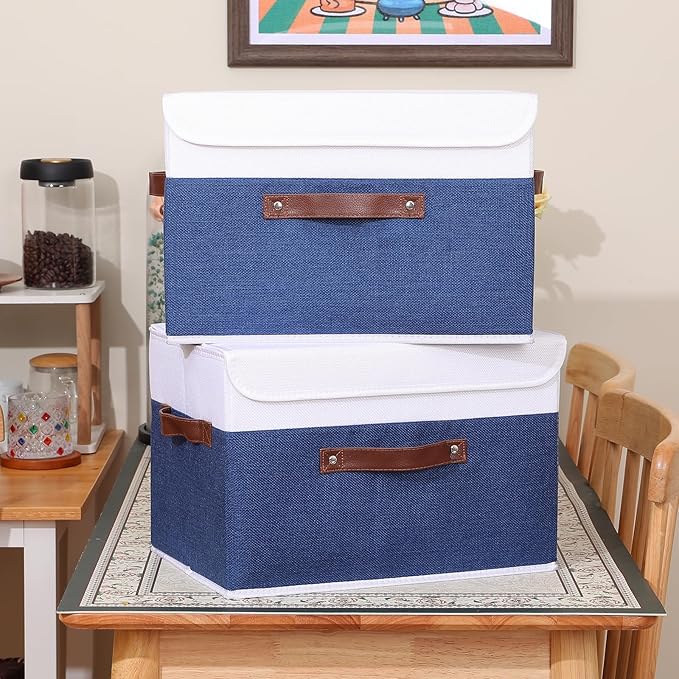 ANMINY 4PCS Storage Boxes with Lid Washable Decorative Storage Bin Basket with PU Leather Handle Foldable Linen Fabric Storage Cube Container for Home Closet Organizer - Deep Blue White, Large Size
