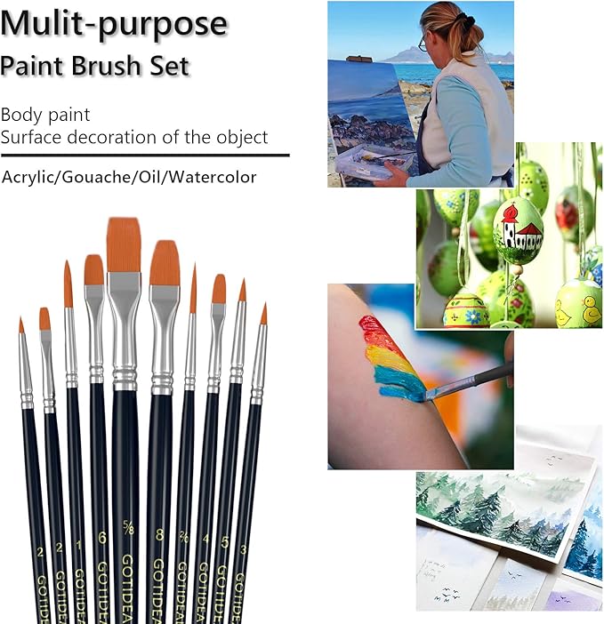 GOTIDEAL Paint Brush Set, 60 Pcs Round Pointed Tip, Small Nylon Hair Brushes for Acrylic, Oil and Gouache，Body, Face Nail Art and Rock Painting, Perfect for Kids & Adult