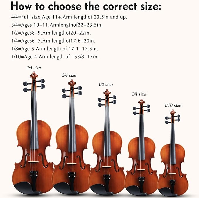 ADM 4/4 Full Size Wood Violin Set for Kids Teens Students Adults Beginner Acoustic Violin Glossy Fiddle Starter Kit with Hard Case, Rosin, Shoulder Rest, Bow, Clip-on Tuner and Fingerboard Sticker