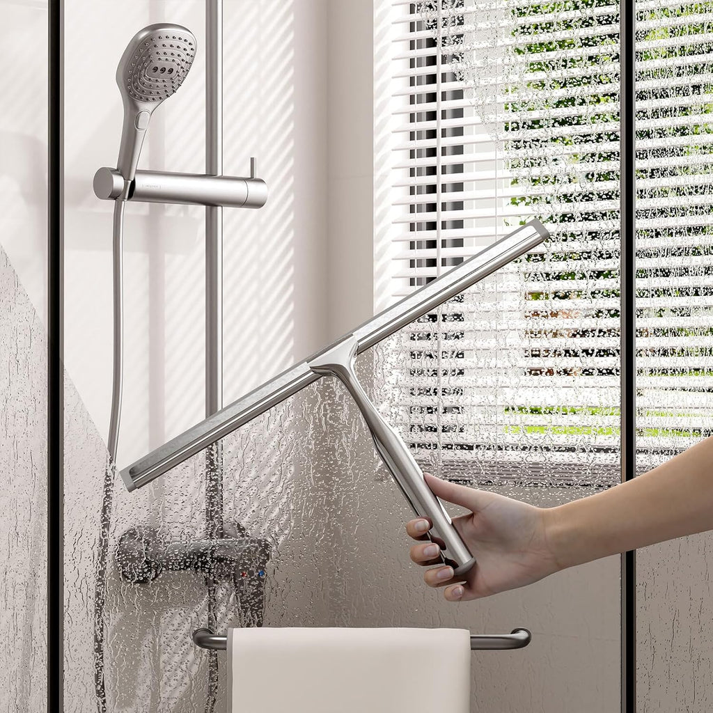 Shower Squeegee for Glass Doors, Squeegee for Shower Glass, Bathroom with Hook, Stainless Steel, 12-Inch Wide Blade for Efficient Cleaning, Perfect for Shower Glass,Tile Walls and Mirrors, Chrome