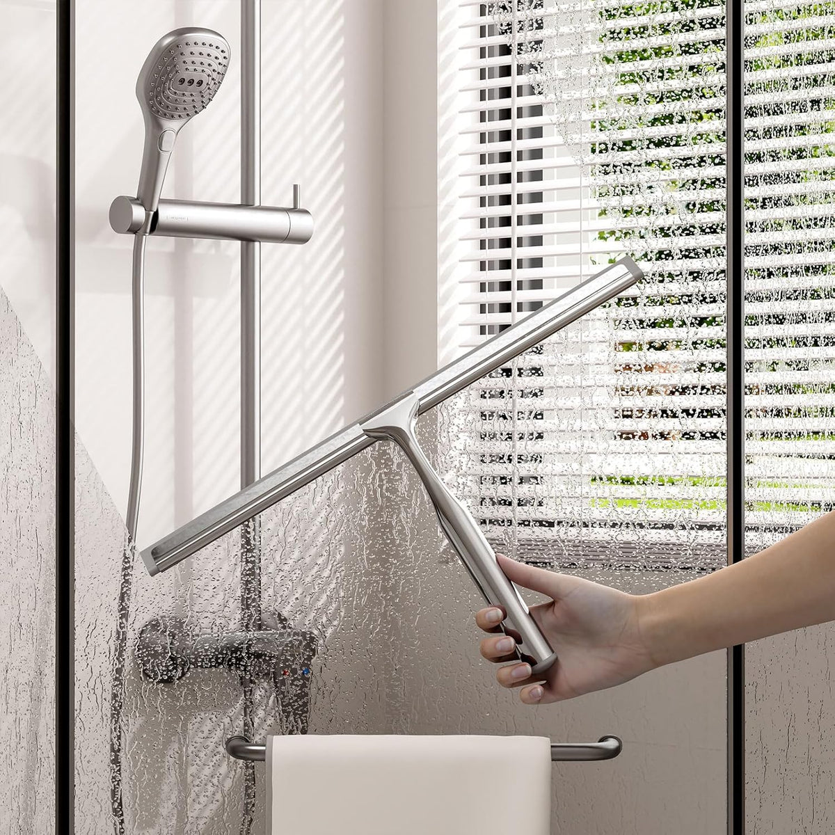 Shower Squeegee for Glass Doors, Squeegee for Shower Glass, Bathroom with Hook, Stainless Steel, 12-Inch Wide Blade for Efficient Cleaning, Perfect for Shower Glass,Tile Walls and Mirrors, Chrome
