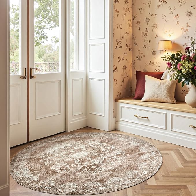 jinchan Round Rug 5ft Area Rug - Brown Vintage Floor Mat Kitchen Indoor - Washable Circle 5' Thin Floral Print Carpet Retro Farmhouse Non Slip Dining Room Living Room Bedroom Office