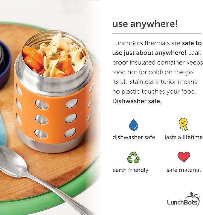 LunchBots Thermal 12 oz Triple Insulated Thermos - Hot 6 Hours or Cold 12 Hours - Leak Proof Thermos Soup Jar - All Stainless Interior - Navy Lid - Orange Dots