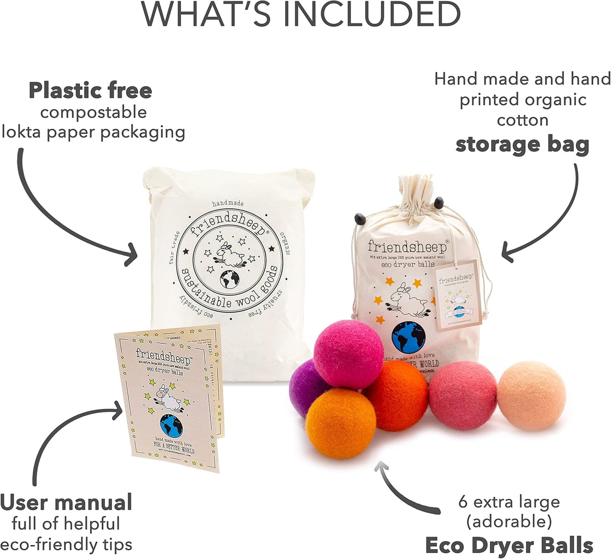 Friendsheep Wool Dryer Balls, Organic Reusable Fabric Softener Alternative for Laundry, Handmade, Fair Trade, Hypoallergenic, Eco-Friendly, Plastic-Free (6 Pack XL - Tropical Sunset)