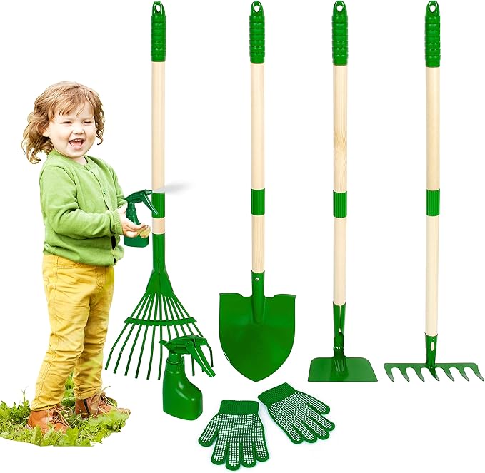 Duckura Kids Gardening Tools Set - 7pcs Garden Tool for Kids with Shovel, Rake, Hoe, Leaf Rake, Outdoor Summer Yard Lawn Digging Weed Toys, Christmas Birthday Gifts for Boys Girls Age 3 4 5 Years Old