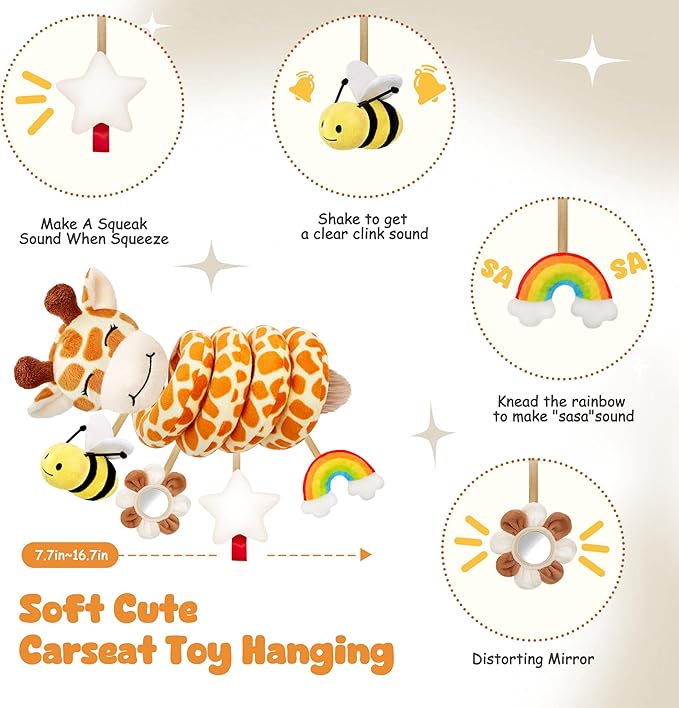 Spiral Car Seat Baby Toys 0-6 Months, Infant Carseat Sensory Toys Hanging Stroller Accessories, Newborn Shower Gifts for Baby Boys Girls Essentials | Cute Colorful Giraffe