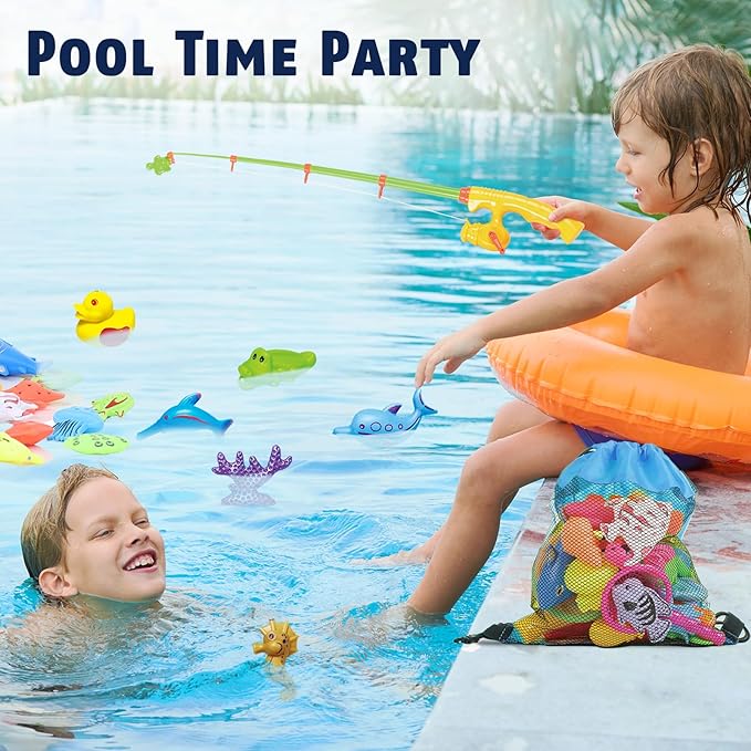 CozyBomB™ Magnetic Fishing Toys Game Set for Kids | Water Table Bathtub Kiddie Pool Party & Pole Rod Net, Plastic Floating Fish Toddler Color Ocean Sea Animals Birthday Age 3 4 5 6 Year