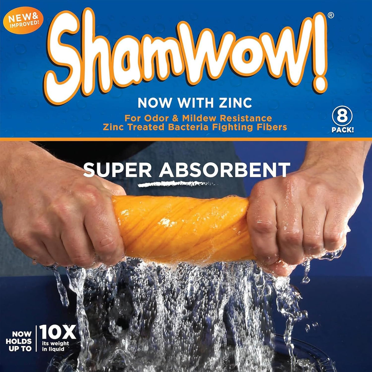Original Shamwow - Super Absorbent Multi-Purpose Cleaning Shammy Chamois Towel Cloth - Holds 10X its Weight in Liquid - Machine Washable - Will Not Scratch (8 Pack, Orange)
