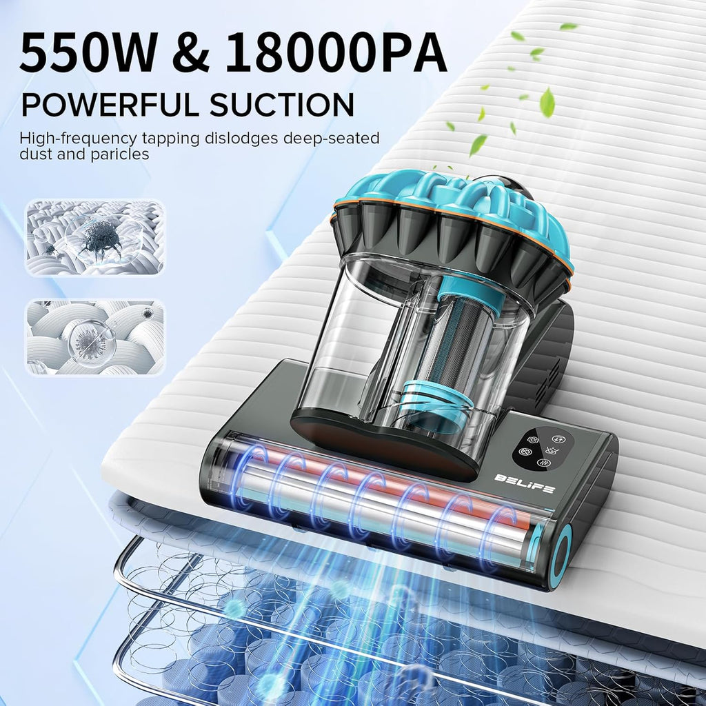 Belife M8 Mattress Vacuum Cleaner, 18Kpa 550W Bed Cleaner with UV & Hot Air & HEPA Filter, High Heating Double-Cup Handheld Couch Cleaner for Sofa Pillow Crib Pet Hair, Corded