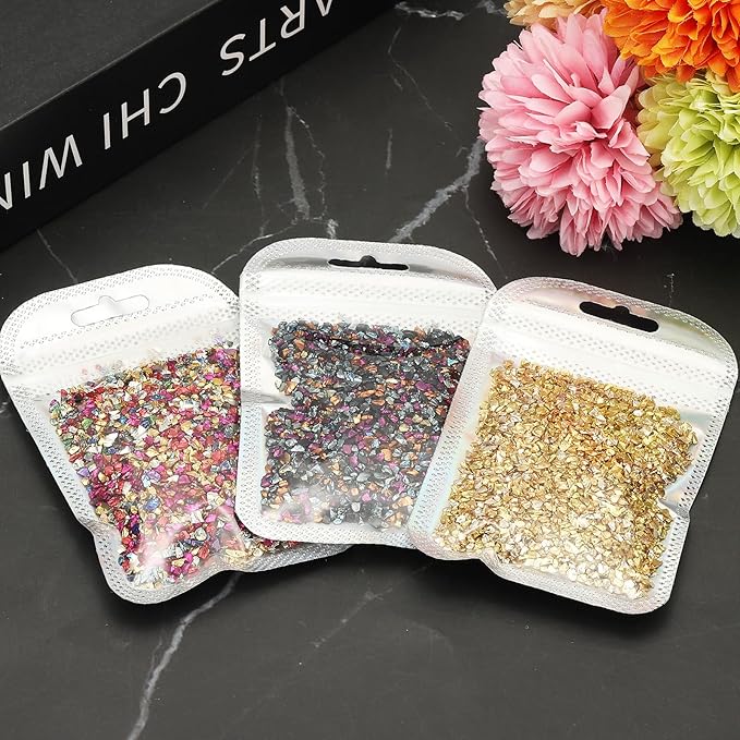 uxcell 6 Colors Crushed Glass Chips, 1-3mm Irregular Glitter Metallic Glass Broken Glasses Pieces with Laser Bag for Craft DIY Vase Epoxy Halloween Decoration 31g, Multicolored