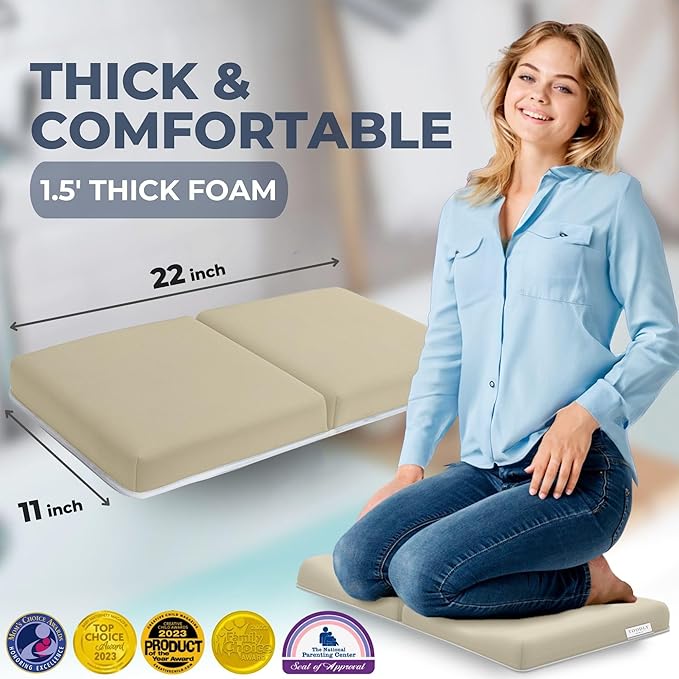 Comfortable Baby Bath Kneeler and Elbow Rest Pad Set – Thick Memory Foam Bath Kneeling Pad with Elbow Support – Baby Bathtub Cushion with Toy Organizer for Bathing Infant or Toddler - Beige