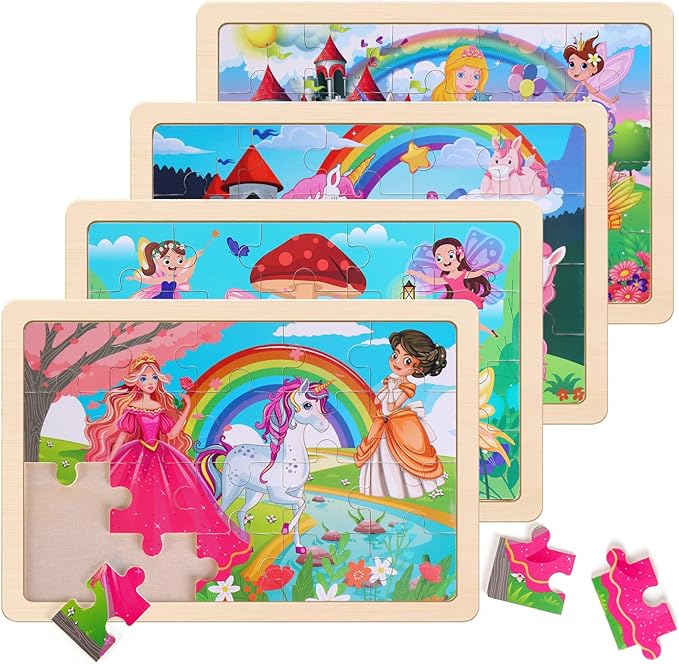 NASHRIO Wooden Educational Jigsaw Puzzles for Preschool Kids Ages 3-5, 4-Pack with 20 Pieces Unicorn Princess Wood Puzzles Set, Toddler Brain Teaser Toys, Preschool Gifts for Boys Girls Ages 3 4 5 6