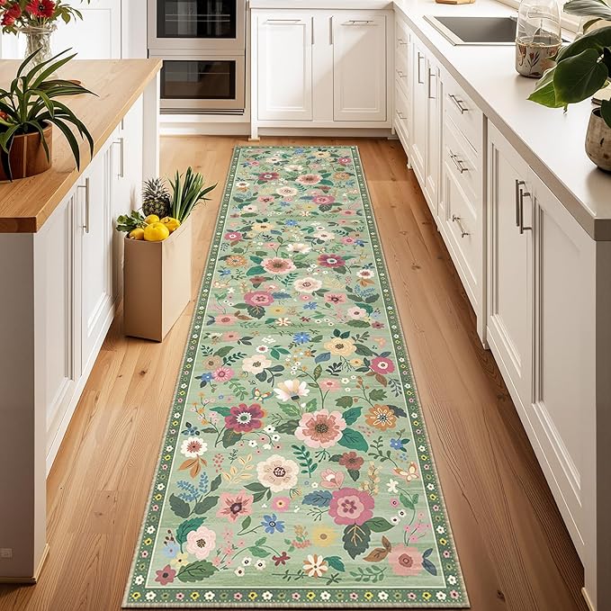 Floral 2x10 Area Rug Machine Washable Soft Print Boho Carpet Non Slip Doormat Low Pile Flower Area Rugs for Living Room Bedroom Nursery Kitchen Dining Room Indoor-Light Green