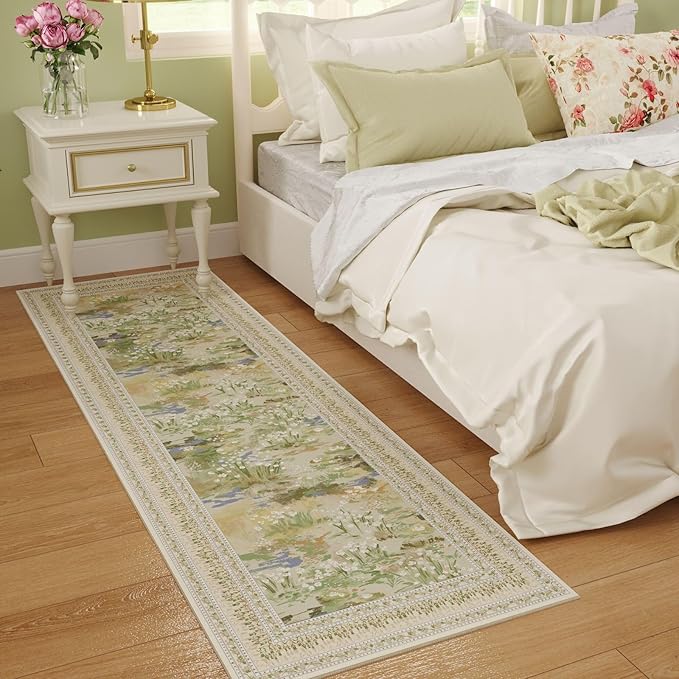Runner Rug Impressionist-Style Vintage Kitchen Rugs Non Slip Washable Soft Carpet Runner for Kitchen Laundry Bedroom Bathroom, Beige