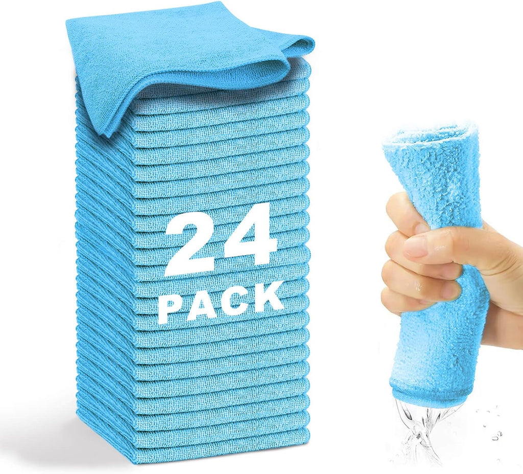 Microfiber Cleaning Cloth-24Pcs (13x13 inch) Ultra Soft Highly Absorbent Rags for Housekeeping-Machine Wash (Blue)