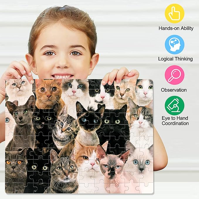 LELEMON 100 Pieces Cute Cats Jigsaw Puzzle for Kids Ages 4-8 Multicolor Cats Puzzles in a Metal Box Children Girls Boys Learning Educational Puzzles Toys
