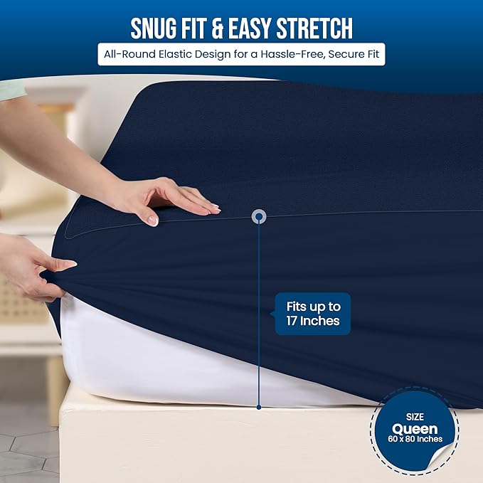 Utopia Bedding Waterproof Mattress Protector Queen Size, Premium Terry Mattress Cover 200 GSM, Breathable, Fitted Style with Stretchable Pockets (Navy Blue)