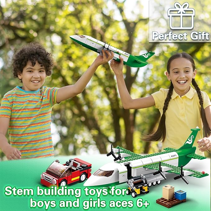 City Cargo Plane Building Set, Plane City Kits Building Blocks with Car, Luggage Tray, Movable Stairs, Compatible with Lego Plane Airport, Airplane Model Toys Gifts for Adults Boys Girls 6-12