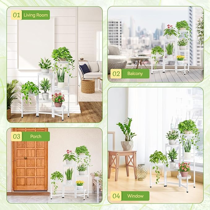 iDavosic.ly Plant Stand Indoor Outdoor, 6 Tier Corner Metal Flower Display Holder Shelf, Folding Tall Orchid Rack for Patio Balcony Porch Garden Living Room House, Wrought Iron - White