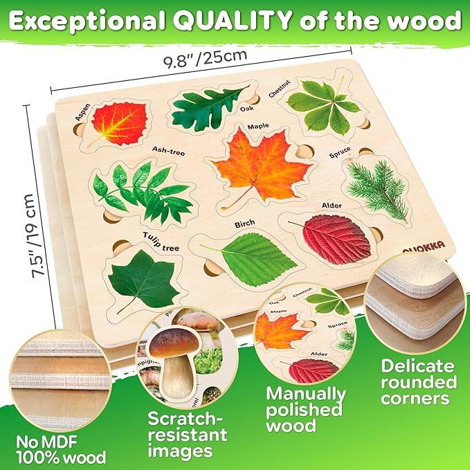 QUOKKA Wooden Puzzles for Toddlers 2-4 – 3X Set Montessori Toys Puzzles for Kids Ages 3-5 – Wood Educational Baby Game 12-18 Months – Gift Learning Mushrooms Flowers Leaves for Boy & Girl 3-5