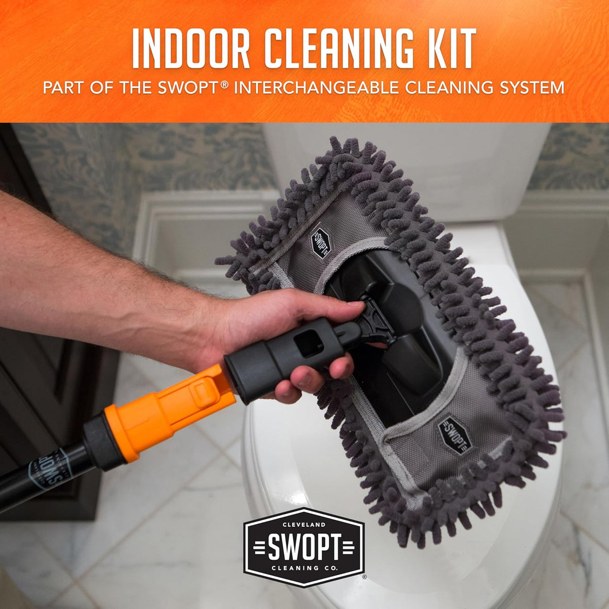 SWOPT Angled Broom Head + 12” Dust Mop Head + Plastic Dustpan – Multi-Surface Cleaning Kit Interchangeable with All SWOPT Cleaning Products for More Efficient Cleaning and Storage