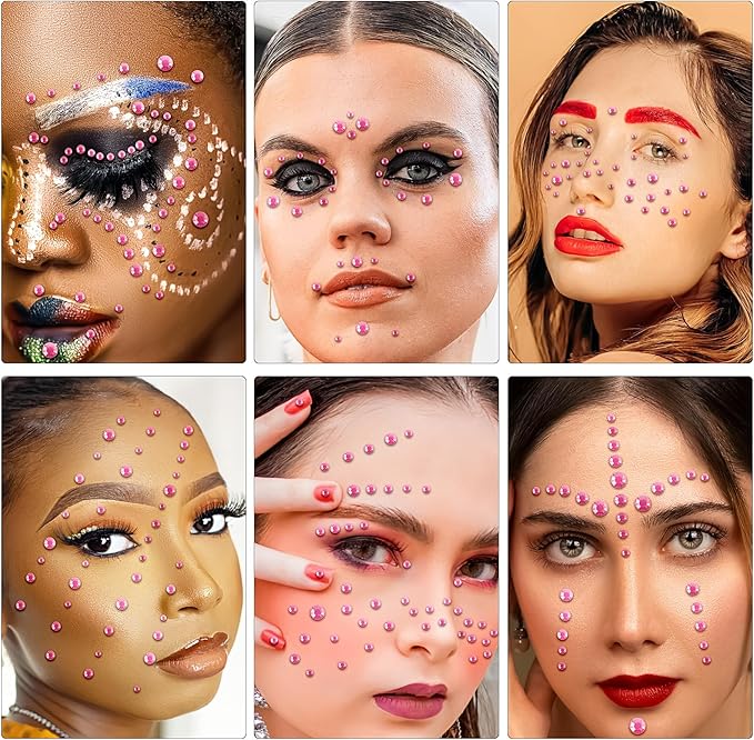 Self Adhesive Face Gems and Pearls for Makeup, Festival Jewels, Hair Gems Pearls, 3/4/5/6/8 mm Round Rhinestone Stickers for Face, Eye, Makeup, Body, Crafts 591Pcs (11_Light Pink)
