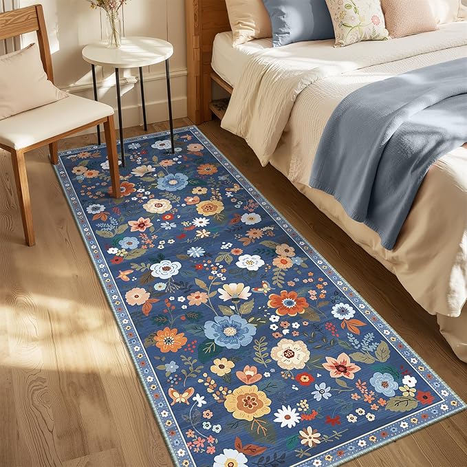 Floral 2x6 Area Rug Machine Washable Soft Print Boho Carpet Non Slip Doormat Low Pile Flower Area Rugs for Living Room Bedroom Nursery Kitchen Dining Room Indoor-Blue/Grey