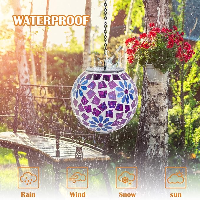 Solar Hanging Lantern Solar Outdoor Lanterns Mosaic Gazing Ball Outdoor Hanging Lights Outdoor Lights Waterproof Garden, Patio, Pathway & Yard Décor Purple