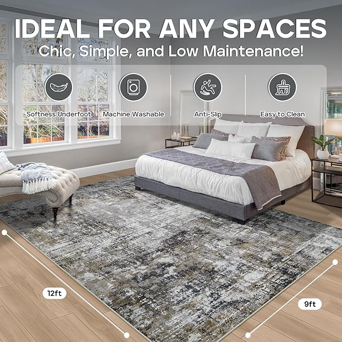 9x12 Area Rugs for Living Room Rug Washable: Modern Large Rug for Dining Room Bedroom Carpet Non Slip 9 by 12 Indoor Abstract Nursery Home Office Black Gold
