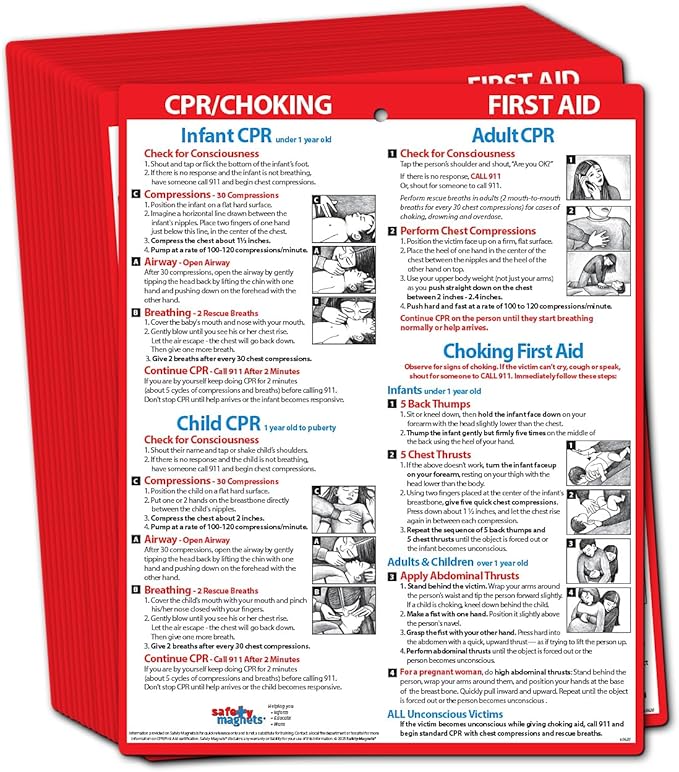 Safety Magnets by ZOCO – CPR & Choking Fridge Magnet (20-Pack) – First Aid Instructions for Infants, Children, & Adults – Heimlich Maneuver Laminated Card 8.5" x 11"