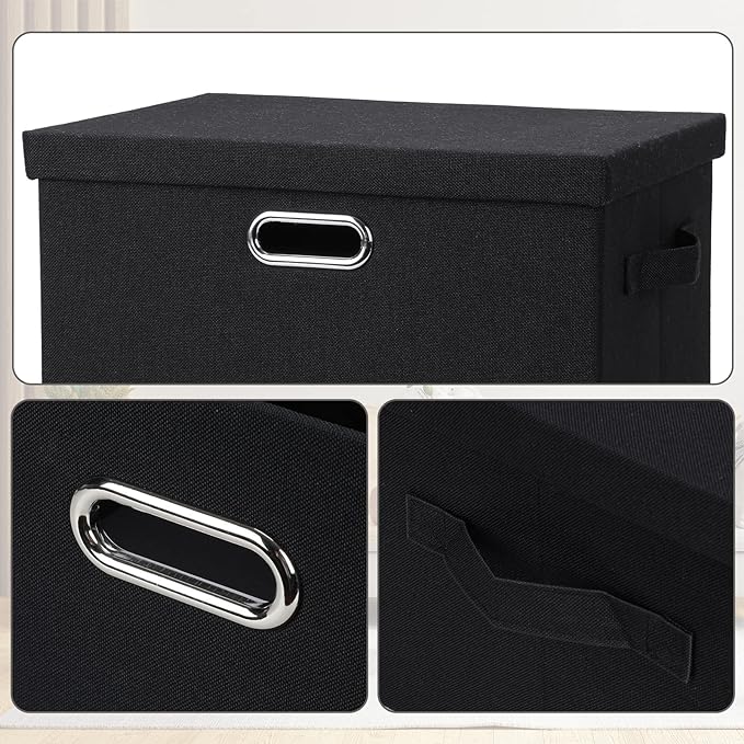 Large 17" 36 Quart Collapsible Stackable Storage Bins with Lids, 1 Pack Black Foldable Fabric Closet Storage Boxes with Lids, 4 Handles Heavy-duty Linen Cube Baskets for Bedroom