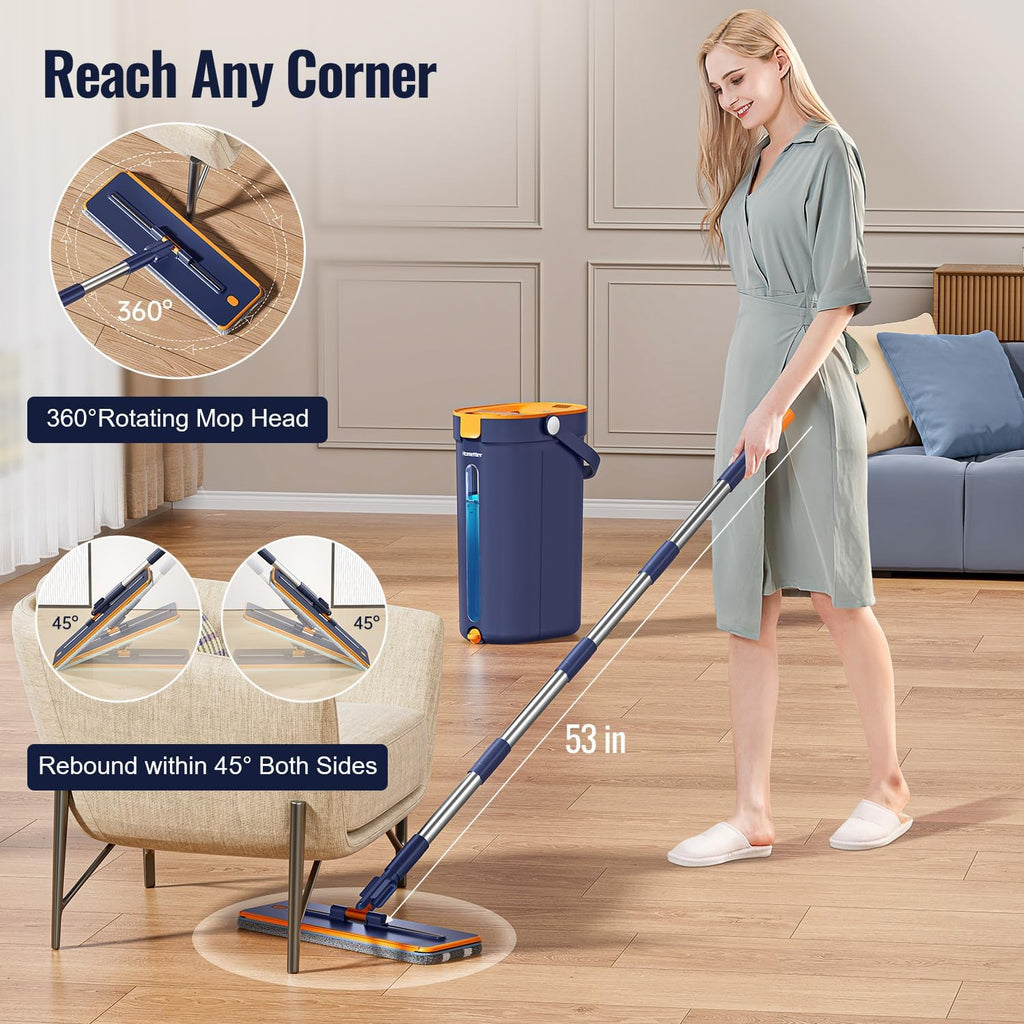 Mop and Bucket Set with Wringer, 3-Tank Flat Mop and Bucket System, Wall Mop Cleaner with Long Handle, Hands Free Mops for Floor Cleaning with 4 Microfiber Pads