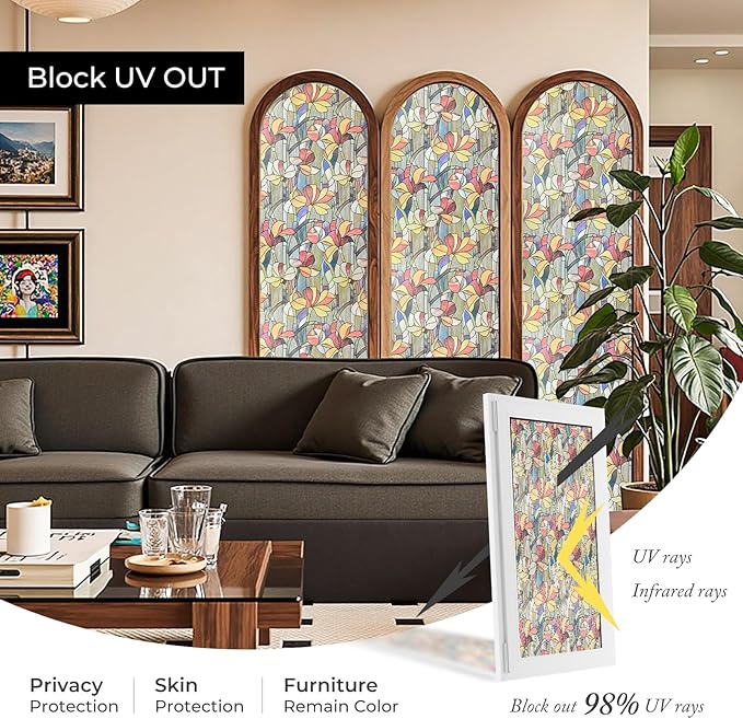 Window Privacy Film, Frosted Glass Decorative Static Cling, Removable Sun Blocking Vinyl Covering, Window Film for Home Kitchen Living Room Bathroom, Glazed Flower Shadows, 17.5" x 78.7 "