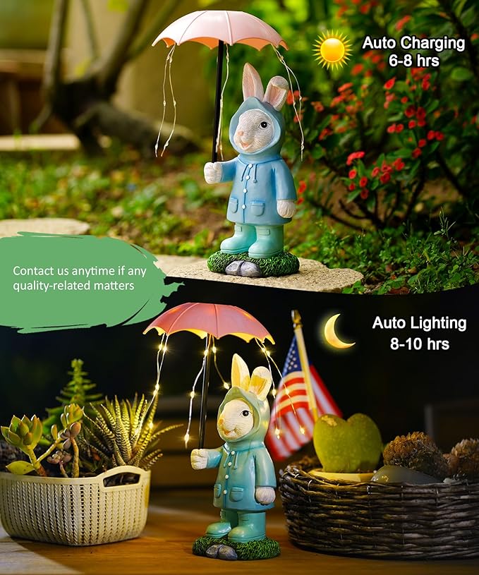 Solar Rabbit Garden Statue Outdoor Decor, Bunny Figurines Lights with Umbrella for Outside Yard Lawn Ornaments,Gifts for Mother's Day Birthday Easter Housewarming