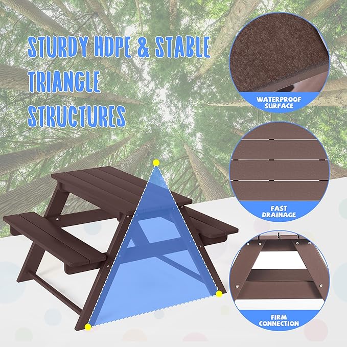 Costaelm Kids Picnic Table, HDPE All Weather Outdoor Toddler Picnic Table and Chair Set Kids Bench for Patio, Backyard, Garden, Lawn, Dark Brown