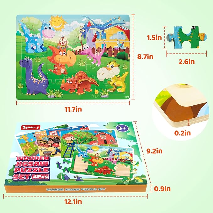 SYNARRY Puzzles for Kids Ages 4-8, 4 Pack Wooden Jigsaw Puzzles for Kids Ages 3-5 Years Old 40 Pieces, Preschool Puzzle Toy Gift for Children Boys and Girls, Farm Dinosaur Animal Construction Theme