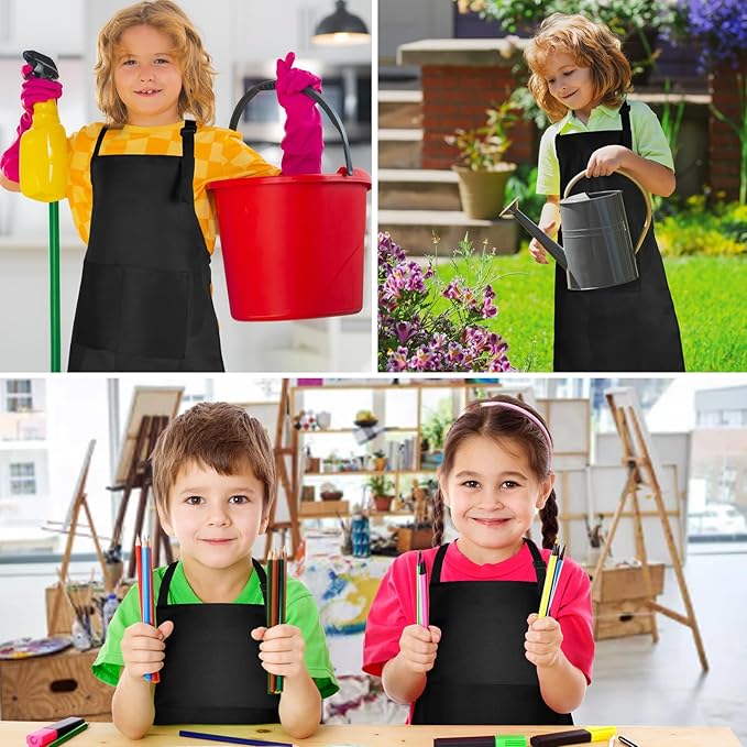 PLULON 4 Pcs Kids Apron with Pocket Adjustable Kids Chef Apron Set for Painting Cooking Baking Grilling Crafting (Black)