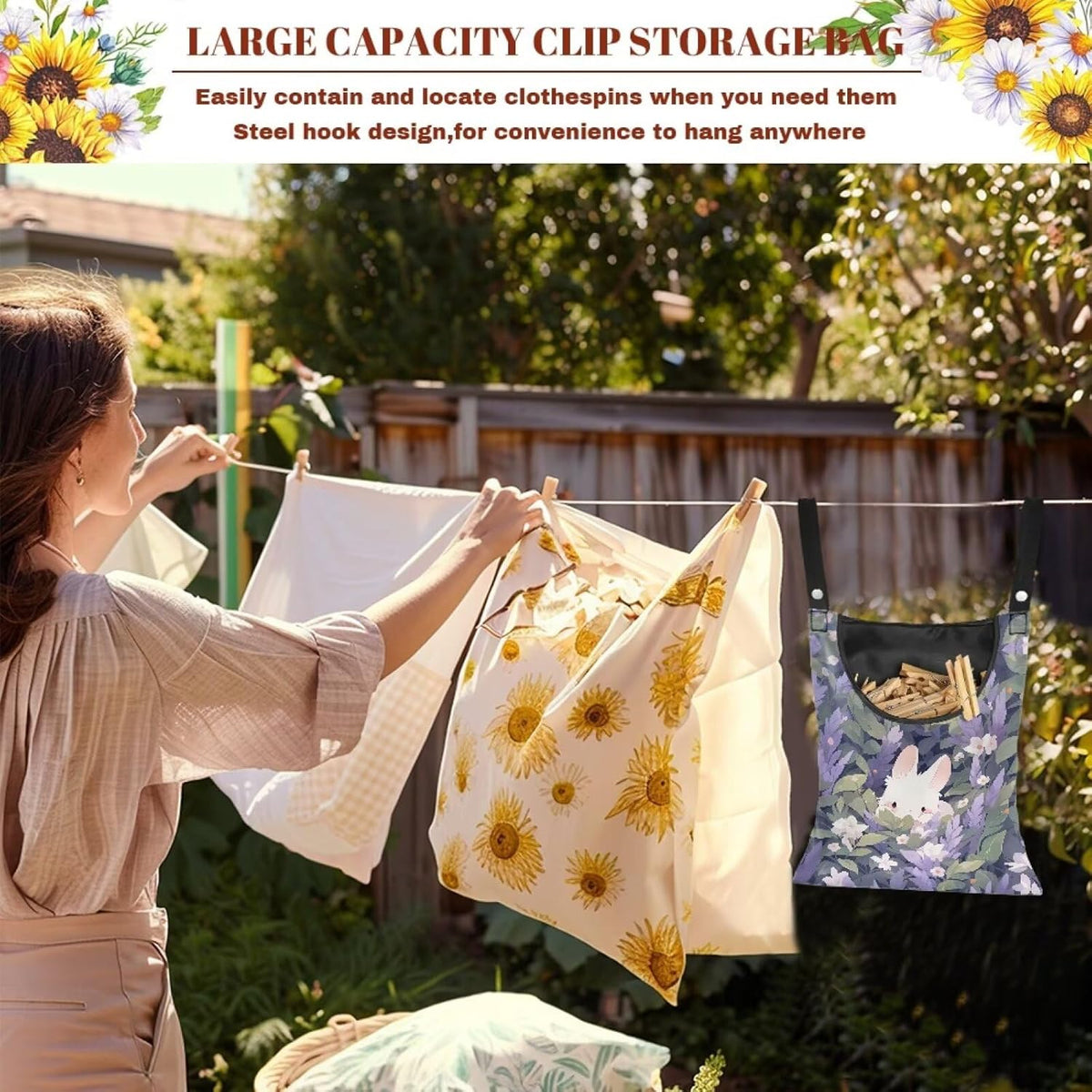 Clothespin Bag for Clothes Pin Holder for Outside and Clothes Line Pins, Clothes Pin Hanging Bag Fits Outdoor Laundry Clothesline - Rabbit and Floral