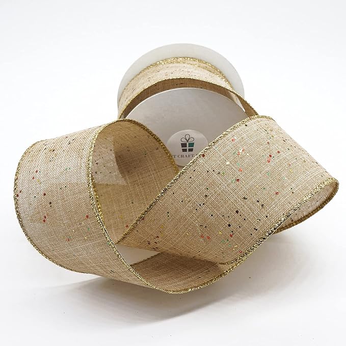 CT CRAFT LLC Tan Burlap Fabric Confetti Glitter Wired Ribbon 2.5" x 10 Yards Natural Color for Christmas Home Wedding Decor Gift Wrapping Tree Topper Bow Wreath Bouquet DIY Crafts