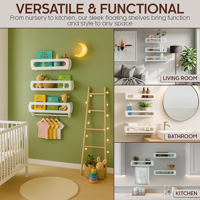 Bamboo Nursery Book Shelves, Fully Assembled For Easy Use - Set of 3 Floating Shelves for Wall Kids, Wall Mounted Book Shelves For Kids Room, Baby Room, Toddler Room, Nursery Decor, 16.5 Inch White