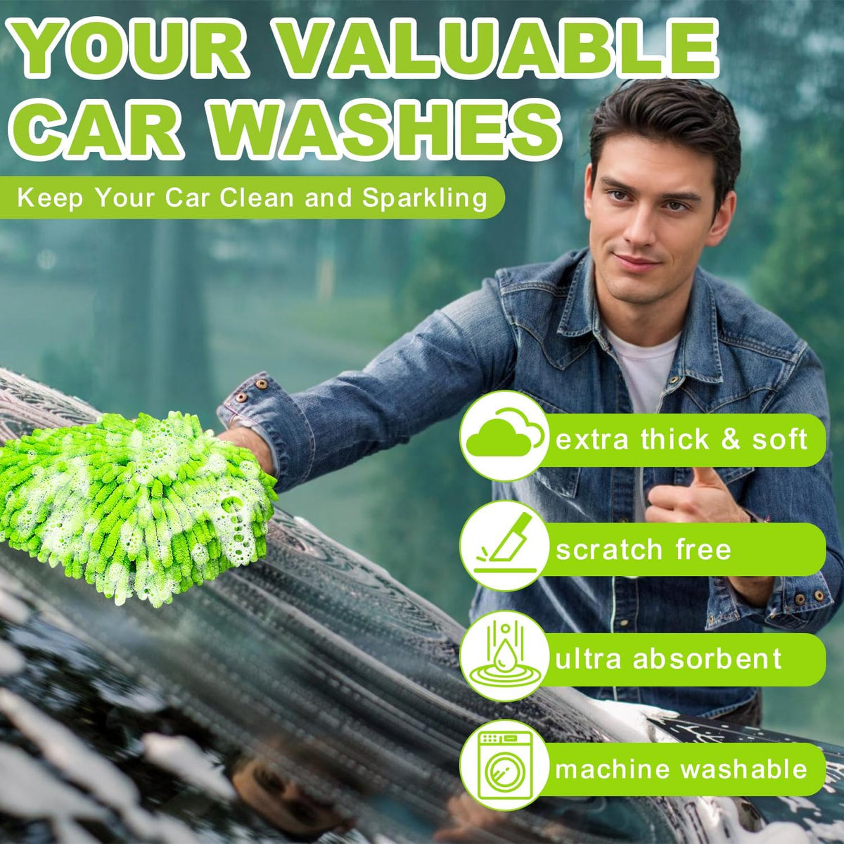 Car Wash Mitt, 2 Pack Premium Chenille Microfiber Wash Mitt, Scratch-Free & Lint-Free, Rich Foam, Highly Absorbent, Perfect for Car Washing and Detailing, 7.12''X10.14''